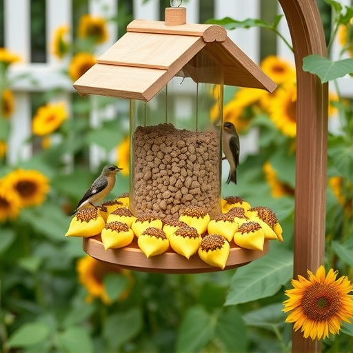 Garden feeding station filled with sunflower hearts