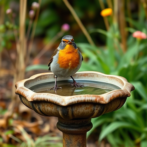 Garden robin perching on shallow bird bath