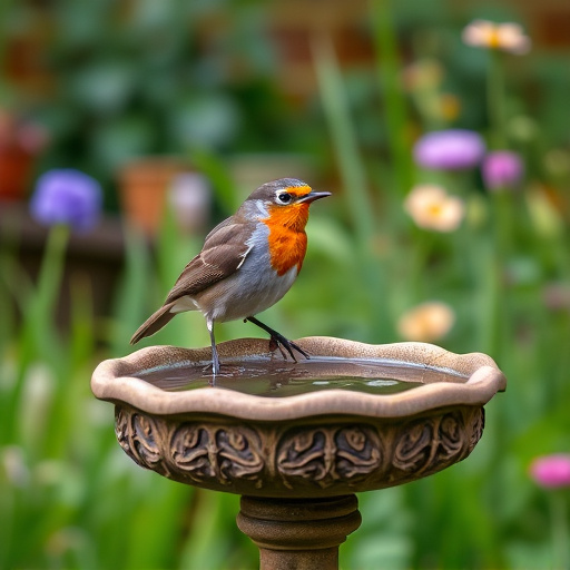 Garden robin perching on shallow bird bath