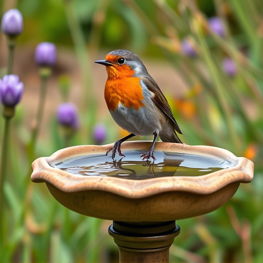 Garden robin perching on shallow bird bath
