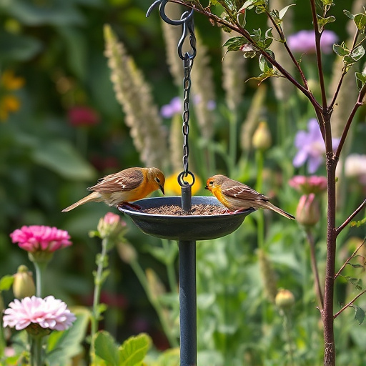 Garden scene with birds feeding suet