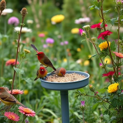 Garden scene with birds feeding suet