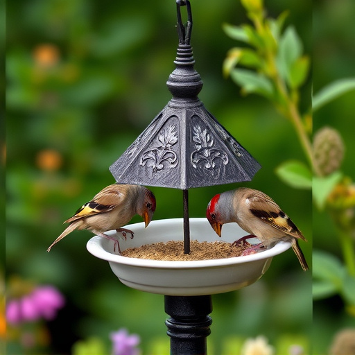 Garden sparrows eating from roofed dish