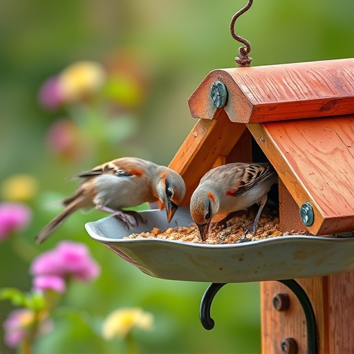 Garden sparrows eating from roofed dish