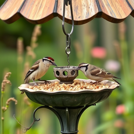 Garden sparrows eating from roofed dish