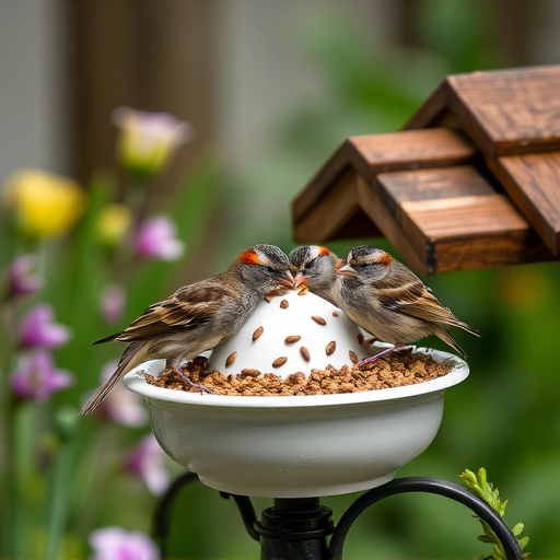 Garden sparrows eating from roofed dish