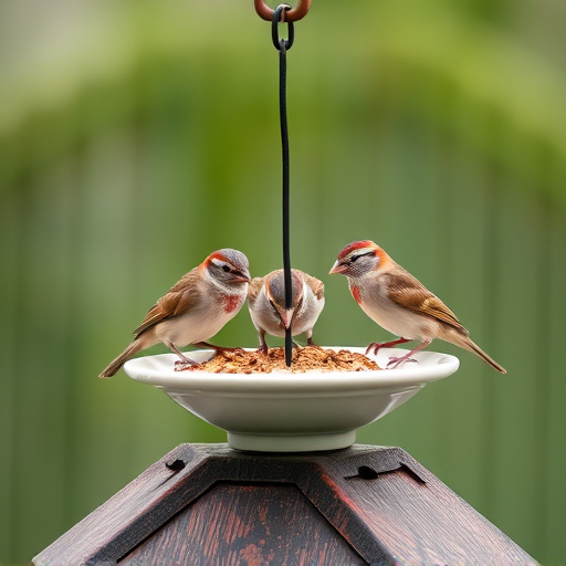 Garden sparrows eating from roofed dish