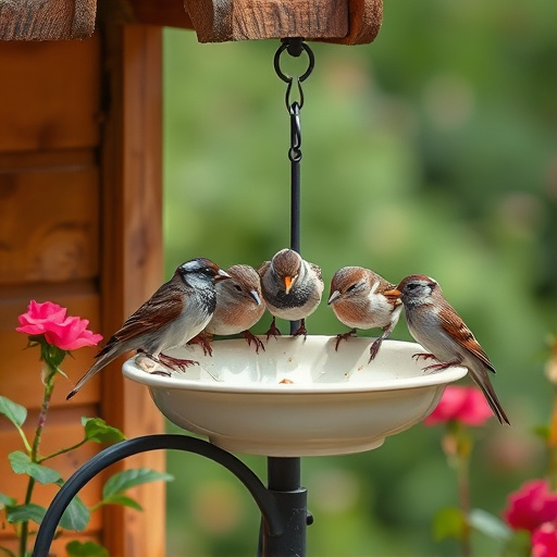 Garden sparrows eating from roofed dish