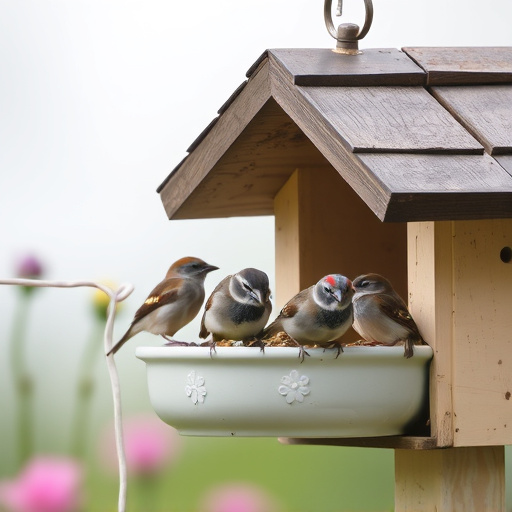 Garden sparrows eating from roofed dish