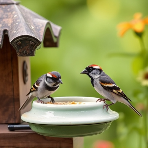 Garden sparrows eating from roofed dish