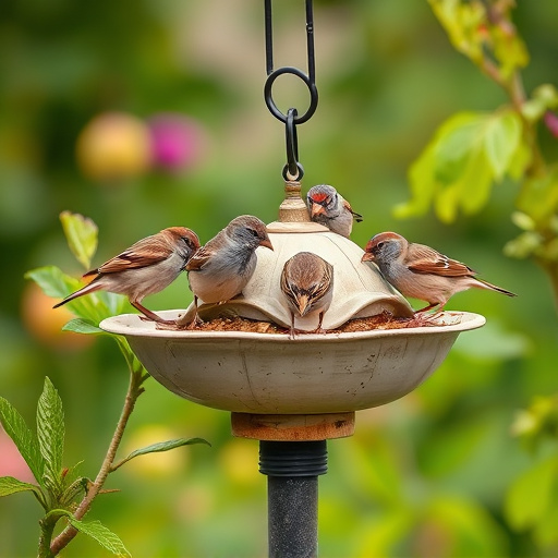 Garden sparrows eating from roofed dish