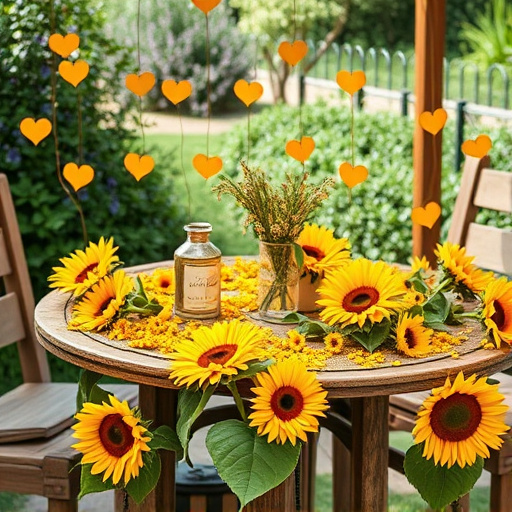 Garden table scattered with sunflower hearts