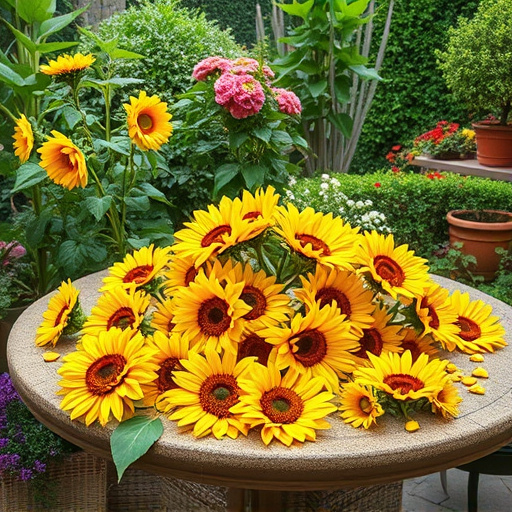 Garden table scattered with sunflower hearts