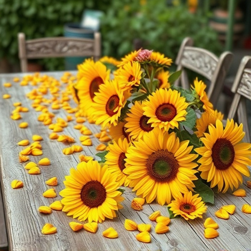 Garden table scattered with sunflower hearts