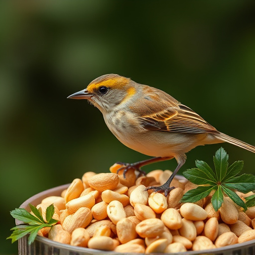 Goldcrest near dish of crushed peanuts