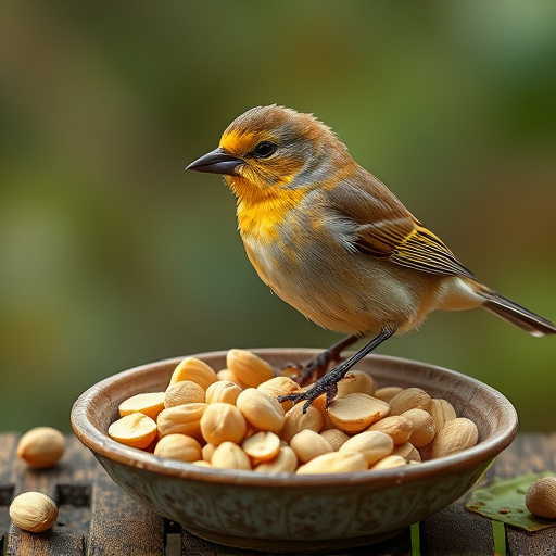Goldcrest near dish of crushed peanuts