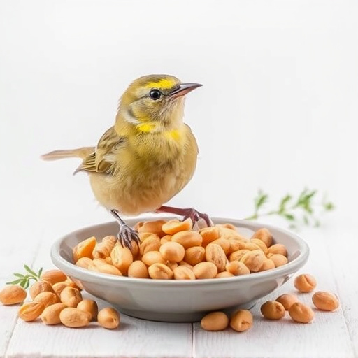 Goldcrest near dish of crushed peanuts