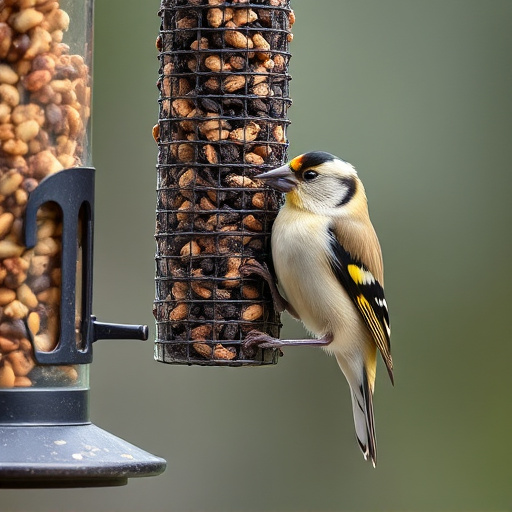 Goldfinch eating from hanging seed tube