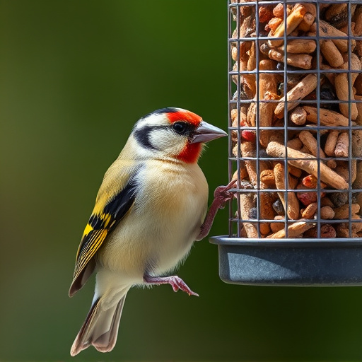 Goldfinch eating from hanging seed tube