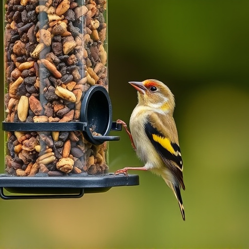 Goldfinch eating from hanging seed tube