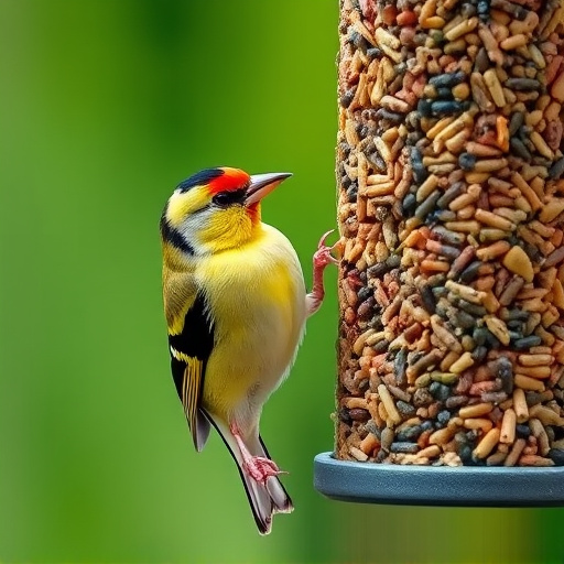 Goldfinch eating from hanging seed tube