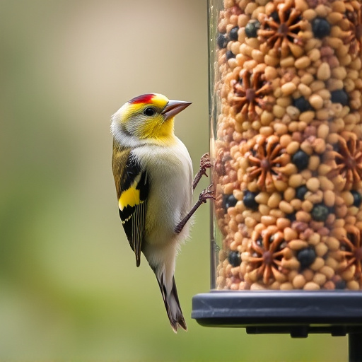 Goldfinch eating from hanging seed tube