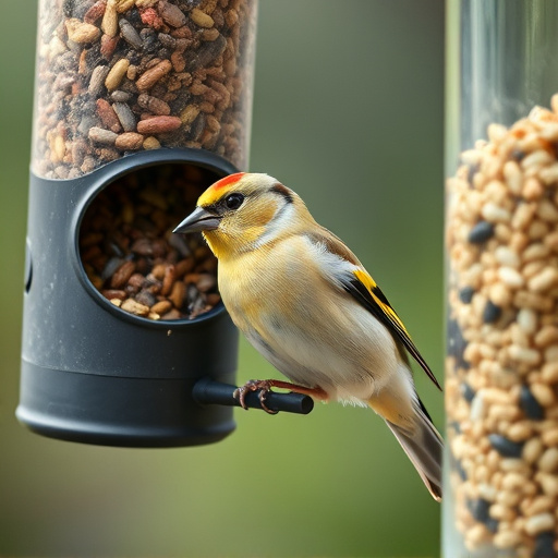Goldfinch eating from hanging seed tube