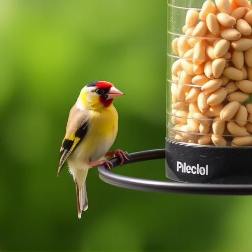 Goldfinch eating sunflower hearts from feeder