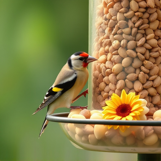 Goldfinch eating sunflower hearts from feeder