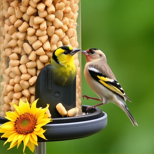 Goldfinch eating sunflower hearts from feeder