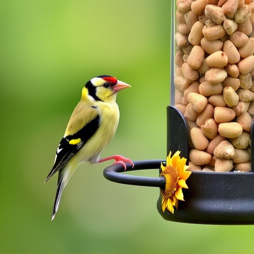 Goldfinch eating sunflower hearts from feeder