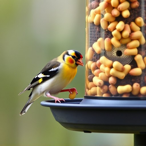 Goldfinch eating sunflower hearts from feeder