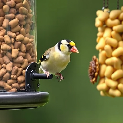 Goldfinch eating sunflower hearts from feeder