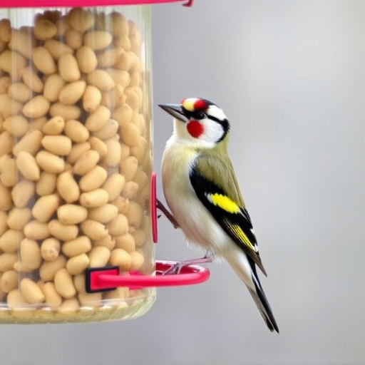 Goldfinch eating sunflower hearts from feeder
