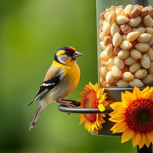 Goldfinch eating sunflower hearts from feeder