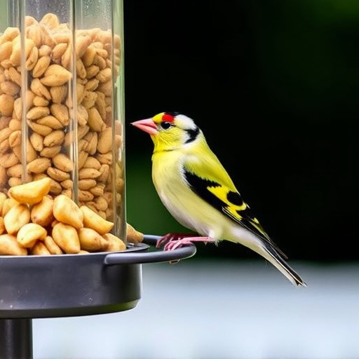 Goldfinch eating sunflower hearts from feeder