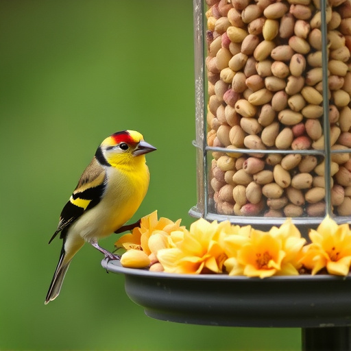 Goldfinch eating sunflower hearts from feeder