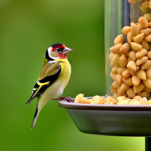 Goldfinch eating sunflower hearts from feeder