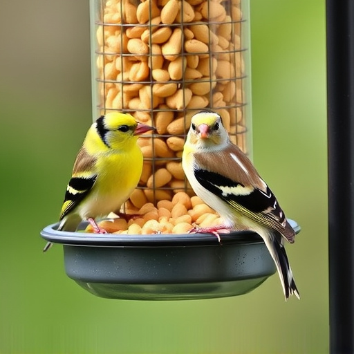 Goldfinch eating sunflower hearts from feeder