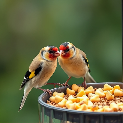 Goldfinch eating sunflower hearts from feeder