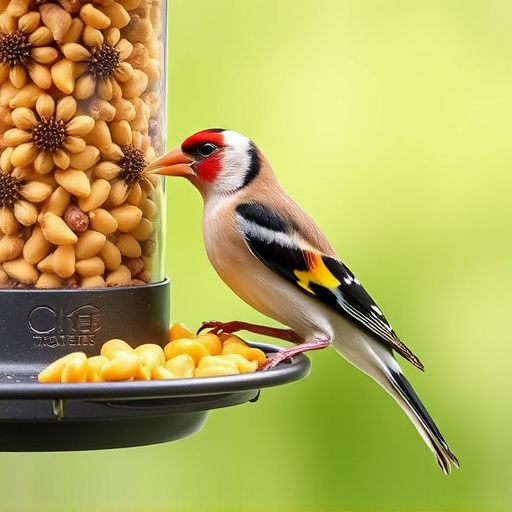 Goldfinch eating sunflower hearts from feeder
