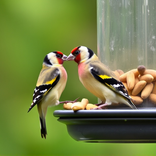 Goldfinch eating sunflower hearts from feeder