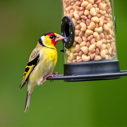 Goldfinch eating sunflower hearts from feeder