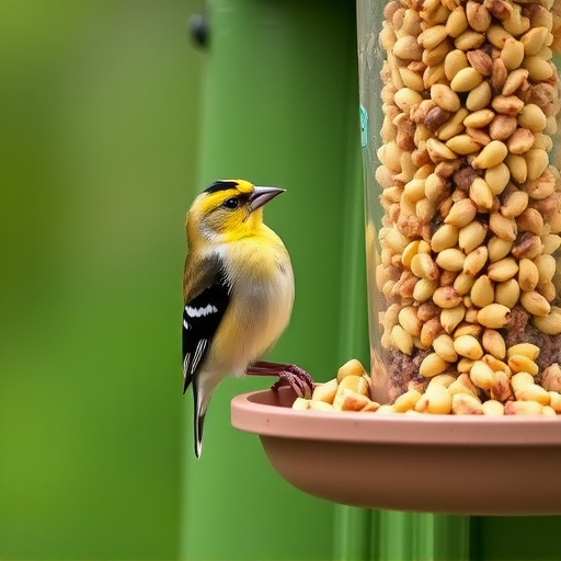 Goldfinch eating sunflower hearts from feeder