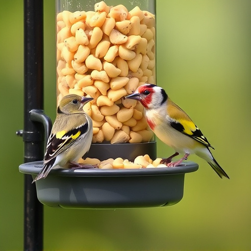 Goldfinch eating sunflower hearts from feeder