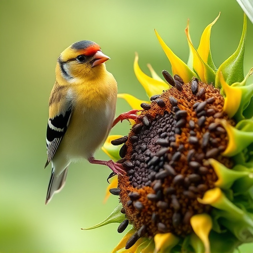 Goldfinch feeding on black sunflower seeds