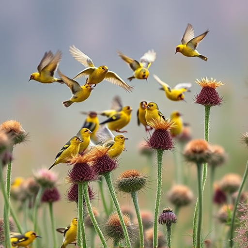 Goldfinch flock among thistle plants