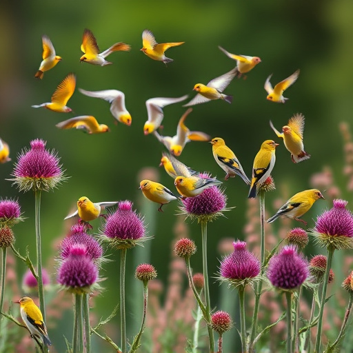 Goldfinch flock among thistle plants