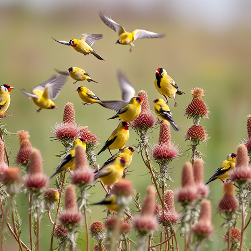 Goldfinch flock among thistle plants