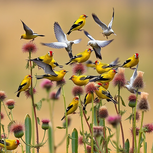 Goldfinch flock among thistle plants
